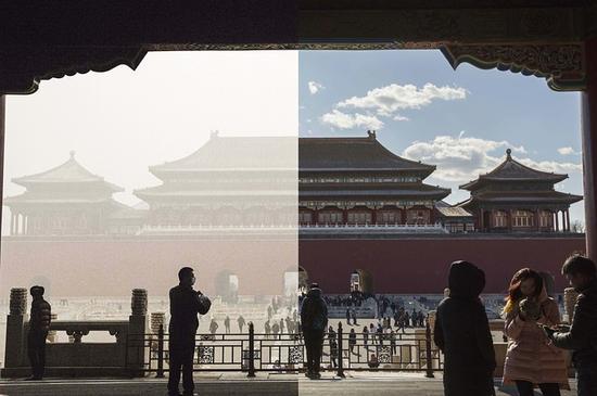 英媒发布北京雾霾和晴天对比照 反差巨大